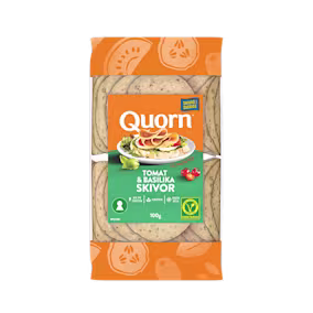 Orange Quorn Tomato & Basil Slices peel and reseal packaging, with a blue new product label and serving suggestion of panini, tomato and basil.