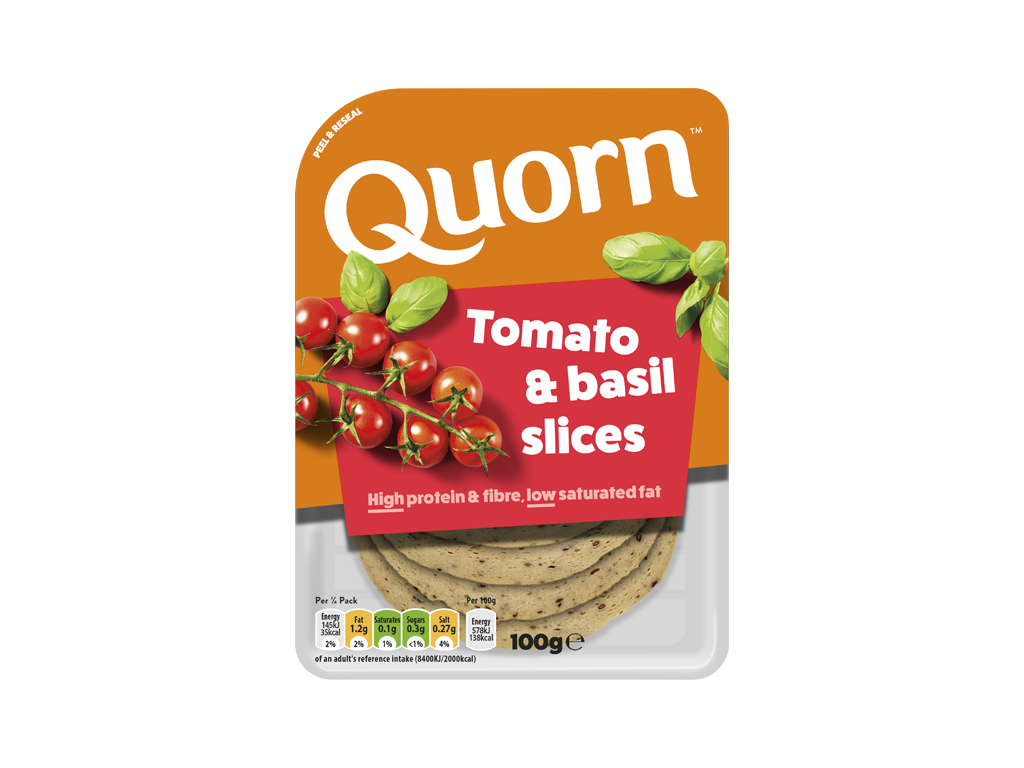 Orange Quorn Tomato & Basil Slices peel and reseal packaging, with a blue new product label and serving suggestion of panini, tomato and basil. 