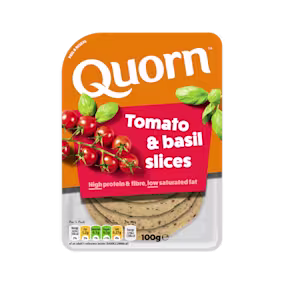 Orange Quorn Tomato & Basil Slices peel and reseal packaging, with a blue new product label and serving suggestion of panini, tomato and basil.