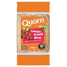 Orange Quorn Tomato & Basil Slices peel and reseal packaging, with a blue new product label and serving suggestion of panini, tomato and basil.