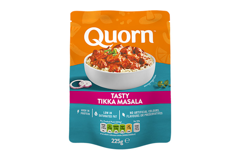 Vegetarian Quorn Tasty Tikka Masala Pouch Ready Meal product packaging with nutritional information