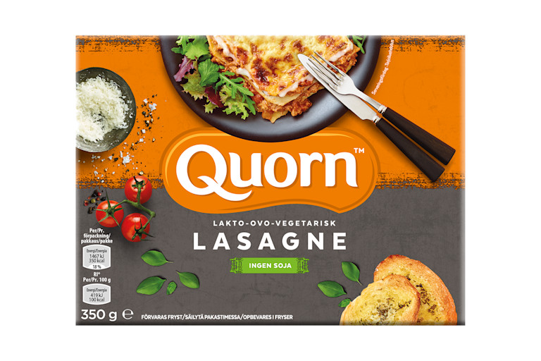 Quorn meat free Lasagne product packaging with nutritional information.