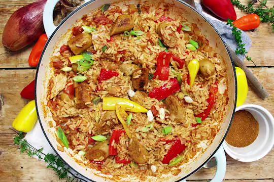 Quorn Vegetarian Sausage Jambalaya with Vegetarian Sausages on a white serving dish