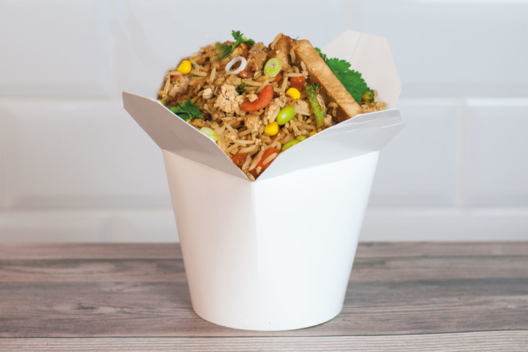 Quorn Vegetarian Fried Rice topped with Vegetarian fillets served in a takeaway style box.