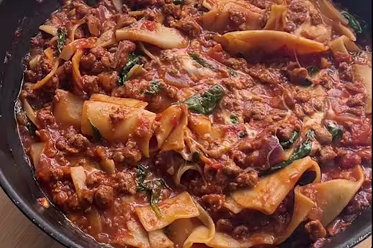 A bowl of vegetarian lasagne soup featuring Quorn meat-free mince.