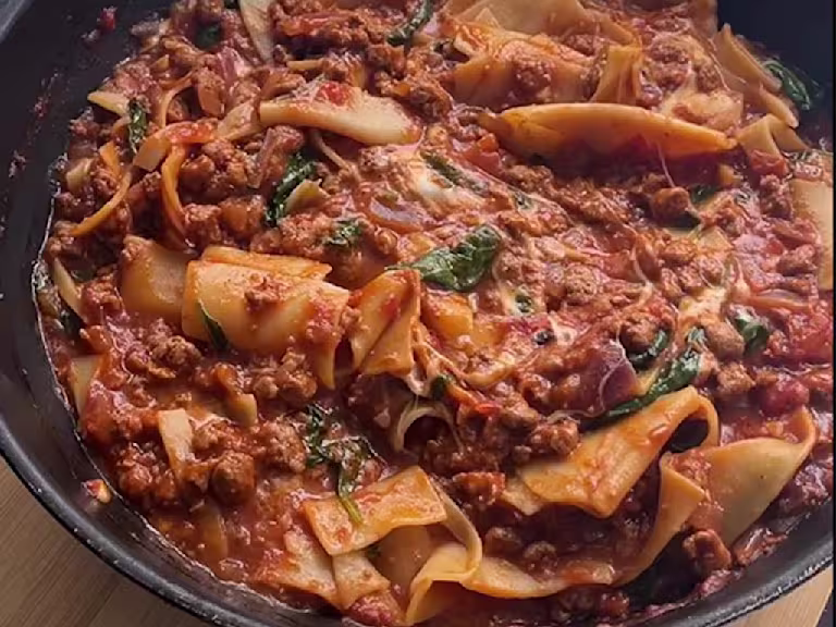 A bowl of vegetarian lasagne soup featuring Quorn meat-free mince.
