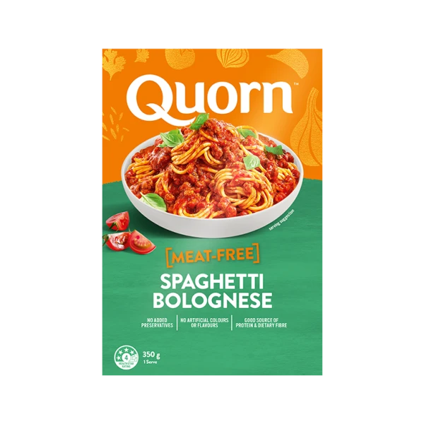 Quorn Spaghetti Bolognese Ready Meal packaging. 
