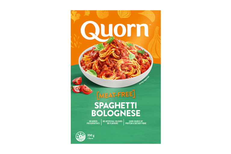 Quorn Spaghetti Bolognese Ready Meal packaging. 