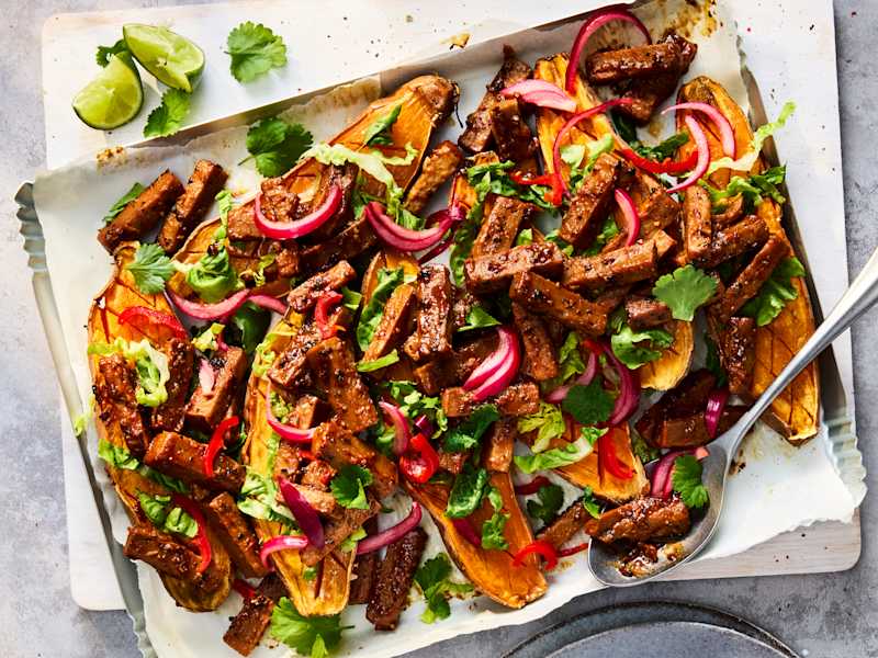 Szechuan Vegetarian Steak Strips Loaded Sweet Potatoes | Quorn