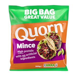 Vegetarian Quorn Mince product packaging with nutritional information