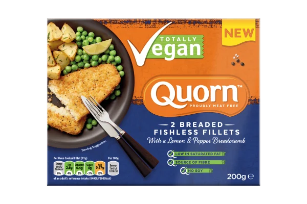 Vegan Quorn Battered Fishless Fillets product packaging with nutritional information