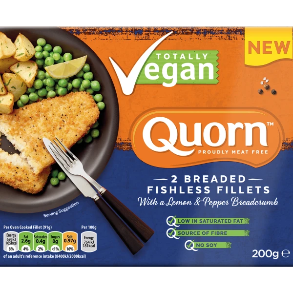 Vegan Quorn Battered Fishless Fillets product packaging with nutritional information