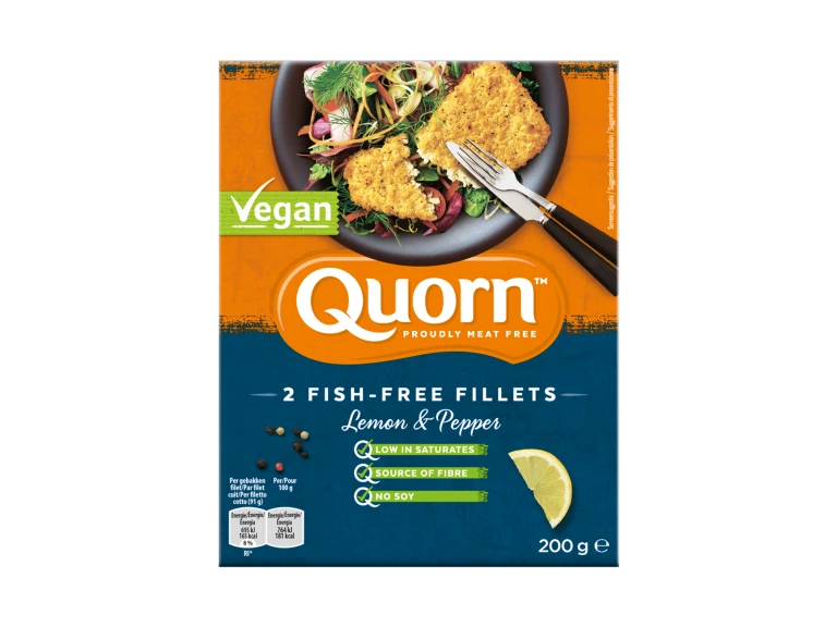 Vegan Quorn Battered Fishless Fillets product packaging with nutritional information