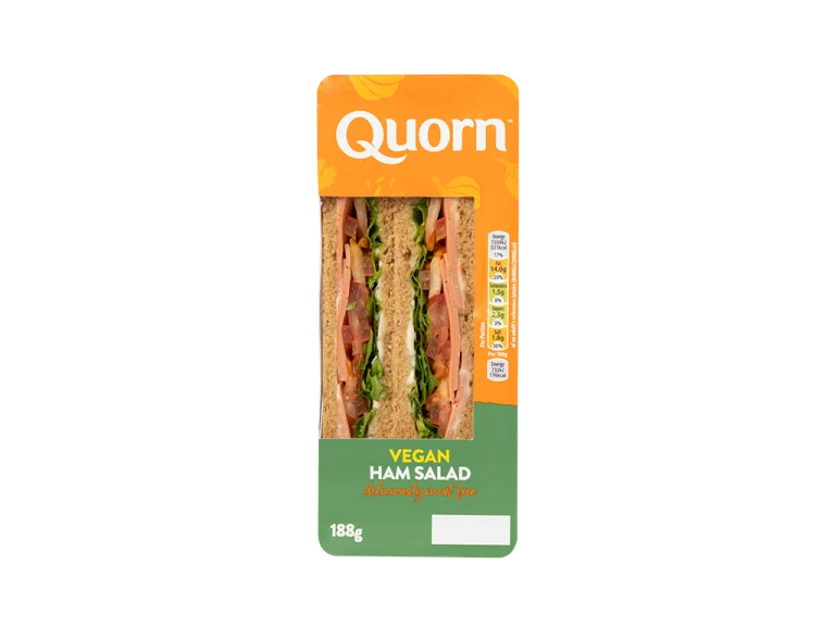 Vegan Deli-Style Ham Salad Sandwich, made with Quorn Vegan Ham Deli Style Slices, tomato, cucumber and lettuce.