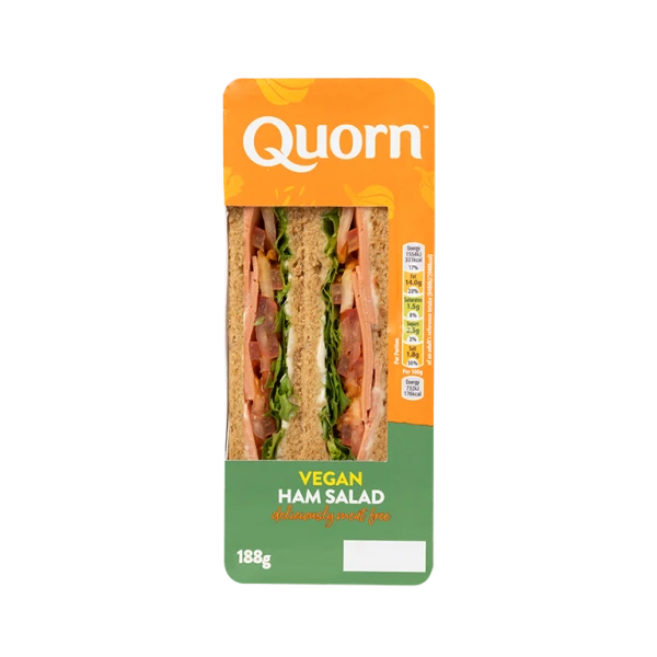 Vegan Deli-Style Ham Salad Sandwich, made with Quorn Vegan Ham Deli Style Slices, tomato, cucumber and lettuce.