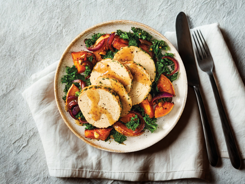 Quorn Roast with honey and horesradish glaze, served with roasted butternut squash, kale and gravy.
