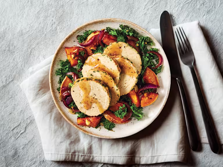Quorn Roast with honey and horesradish glaze, served with roasted butternut squash, kale and gravy.