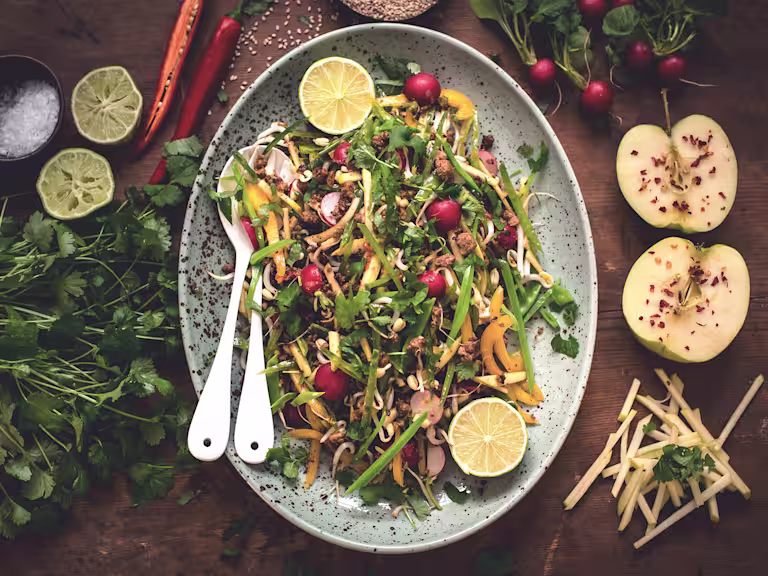 A salad with sugar snap peas, green apple, radishes, bean sprouts, green onions, and Quorn Meatless Grounds with the ingredients arranged around the serving dish,
