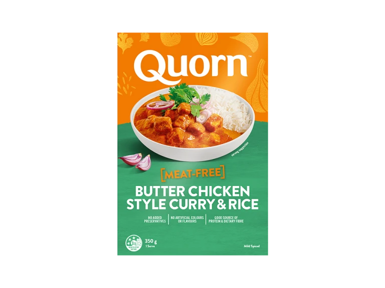 Quorn Butter Chicken Style Curry With Rice packaging.