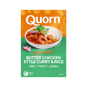 Quorn Butter Chicken Style Curry With Rice packaging.