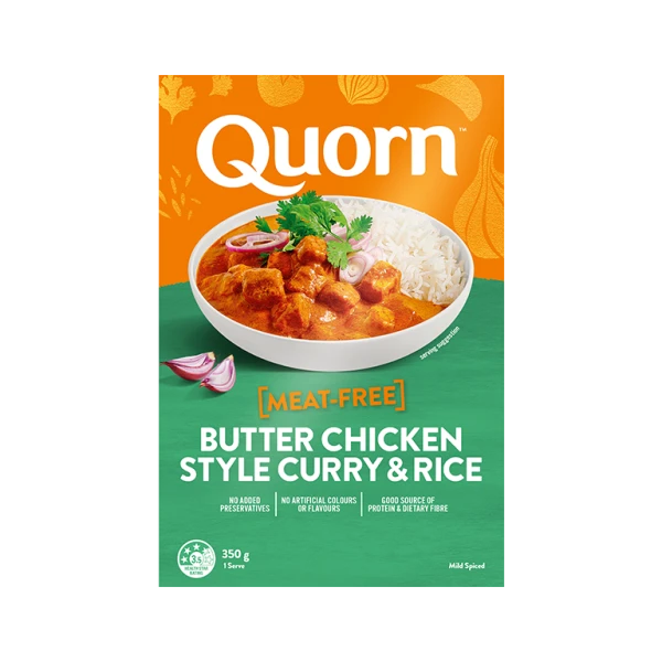 Quorn Butter Chicken Style Curry With Rice packaging.