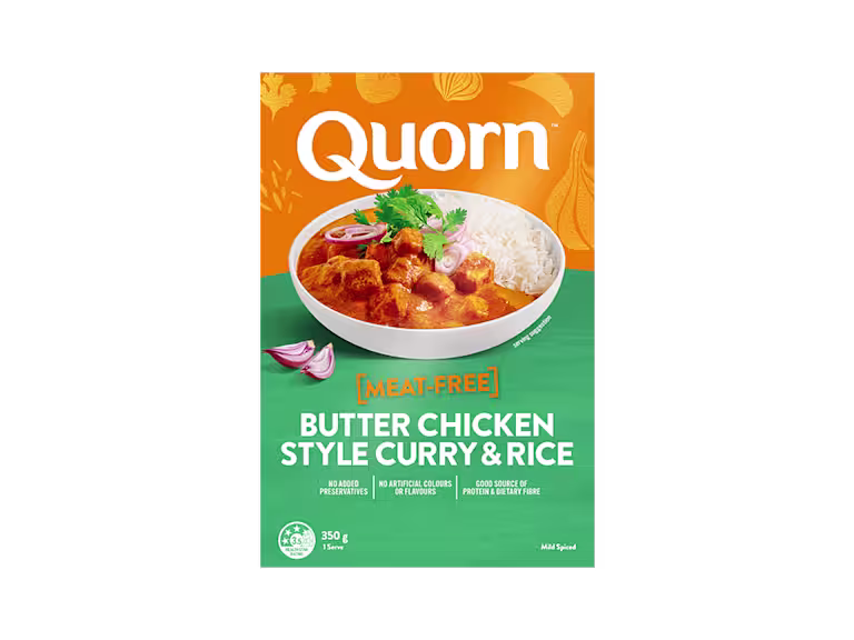 Quorn Butter Chicken Style Curry With Rice packaging.