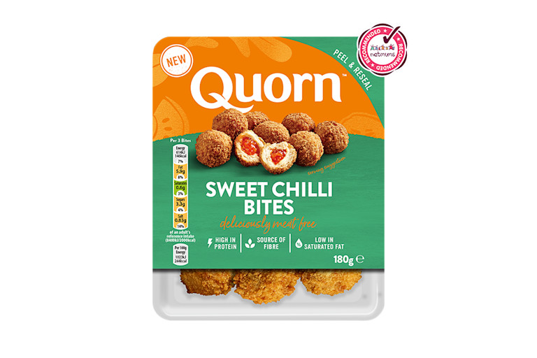 A packet of Quorn Sweet Chilli Bites showing the prepared product and information on an orange and sage green background.