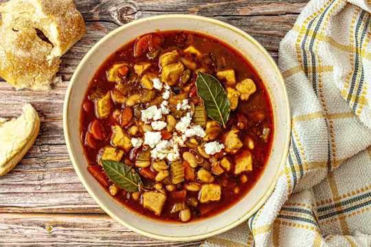 Greek fasolada served in a bowl with crusty bread and garnished with feta cheese