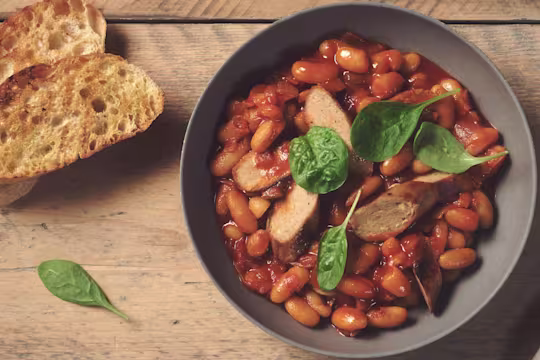 quorn sausages with boston style baked beans vegetarian recipe