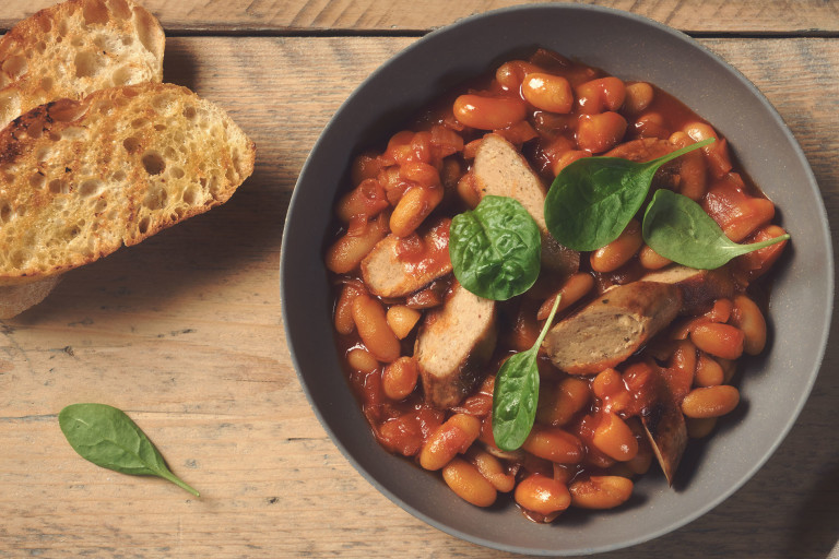 quorn sausages with boston style baked beans vegetarian recipe