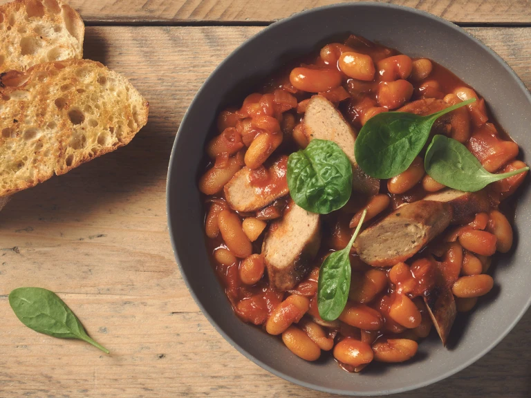 quorn sausages with boston style baked beans vegetarian recipe