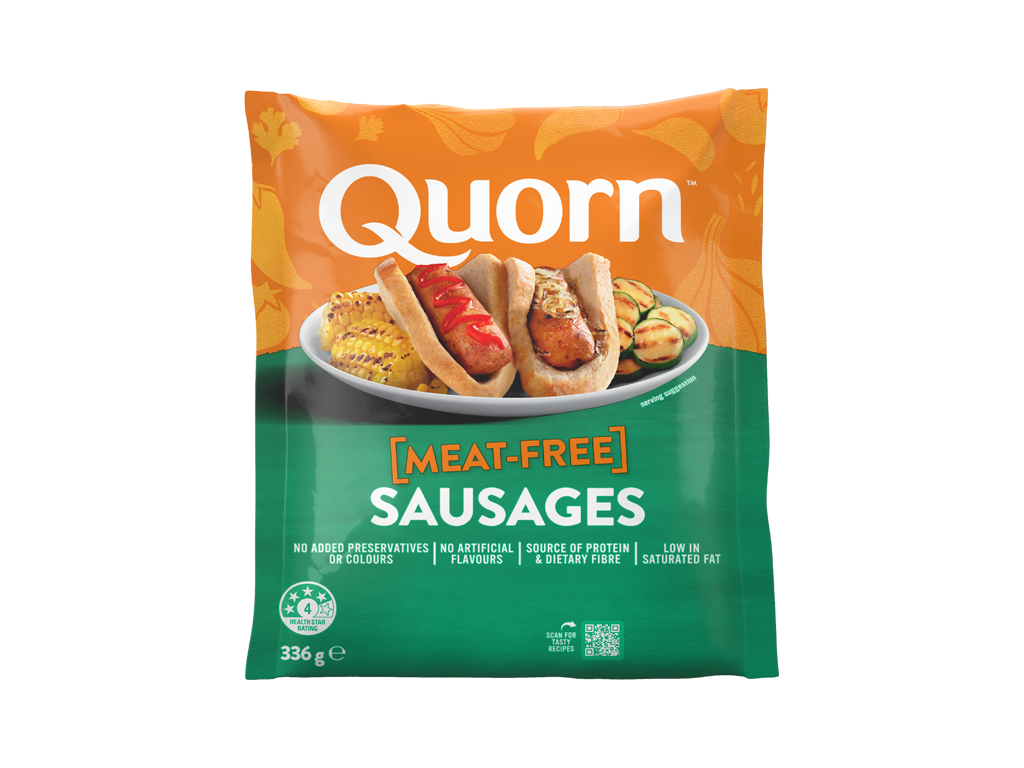 A bag of Quorn Sausages showing the prepared product and information on an orange and charcoal background.