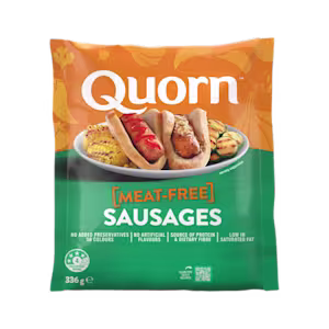 A bag of Quorn Sausages showing the prepared product and information on an orange and charcoal background.