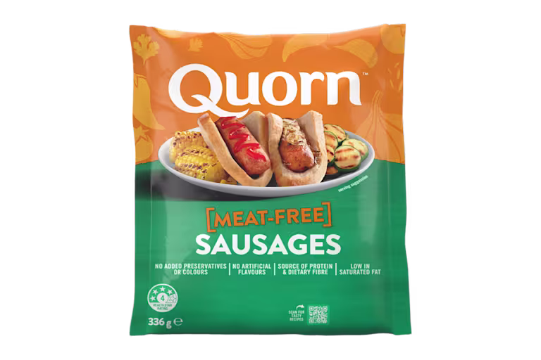 A bag of Quorn Sausages showing the prepared product and information on an orange and charcoal background.