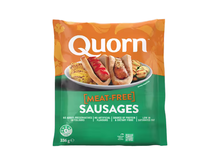 A bag of Quorn Sausages showing the prepared product and information on an orange and charcoal background.