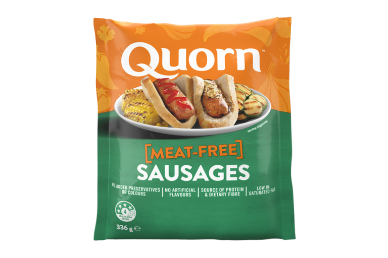 A bag of Quorn Sausages showing the prepared product and information on an orange and charcoal background.