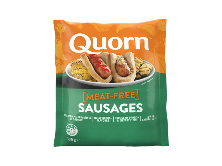 A bag of Quorn Sausages showing the prepared product and information on an orange and charcoal background.