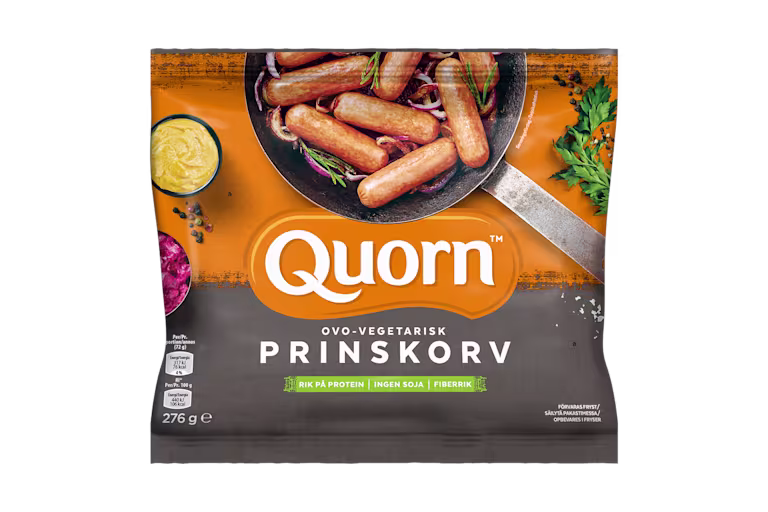 A bag of Quorn Sausages showing the prepared product and information on an orange and charcoal background.