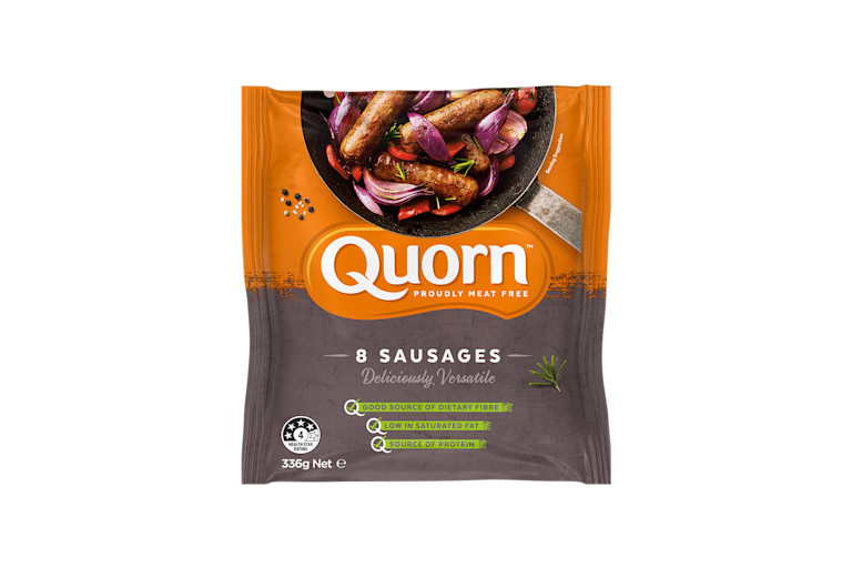A bag of Quorn Sausages showing the prepared product and information on an orange and charcoal background.