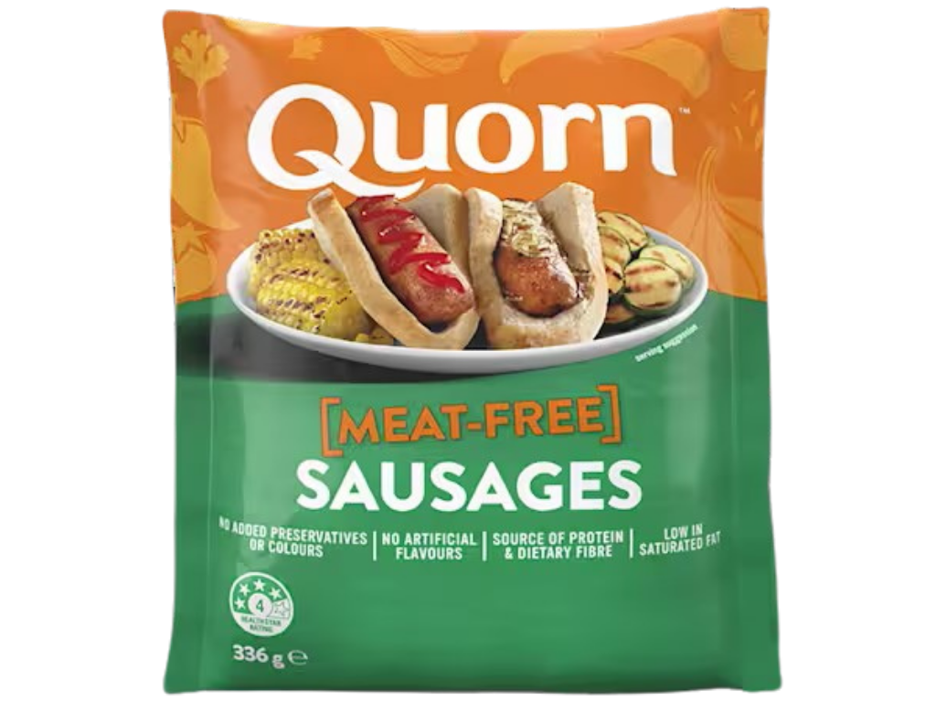 A bag of Quorn Sausages showing the prepared product and information on an orange and charcoal background.
