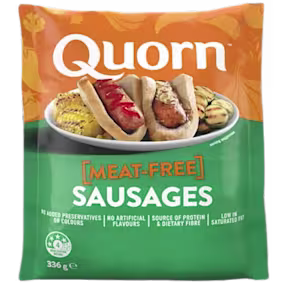 A bag of Quorn Sausages showing the prepared product and information on an orange and charcoal background.