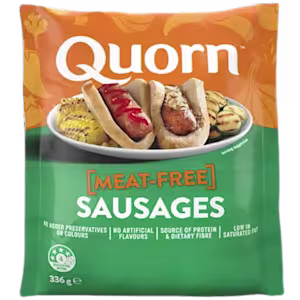 A bag of Quorn Sausages showing the prepared product and information on an orange and charcoal background.