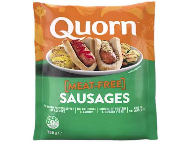 A bag of Quorn Sausages showing the prepared product and information on an orange and charcoal background.