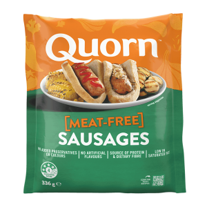 A bag of Quorn Sausages showing the prepared product and information on an orange and charcoal background.