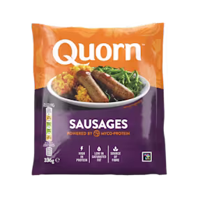 A bag of Quorn Sausages showing the prepared product and information on an orange and charcoal background.