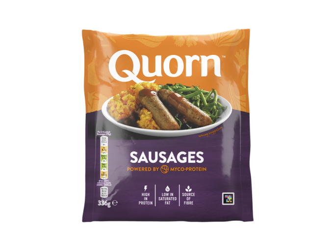A bag of Quorn Sausages showing the prepared product and information on an orange and charcoal background.