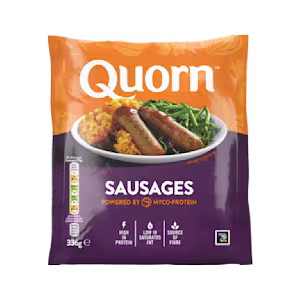 A bag of Quorn Sausages showing the prepared product and information on an orange and charcoal background.