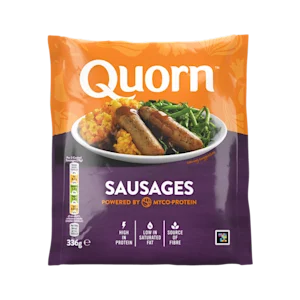 A bag of Quorn Sausages showing the prepared product and information on an orange and charcoal background.