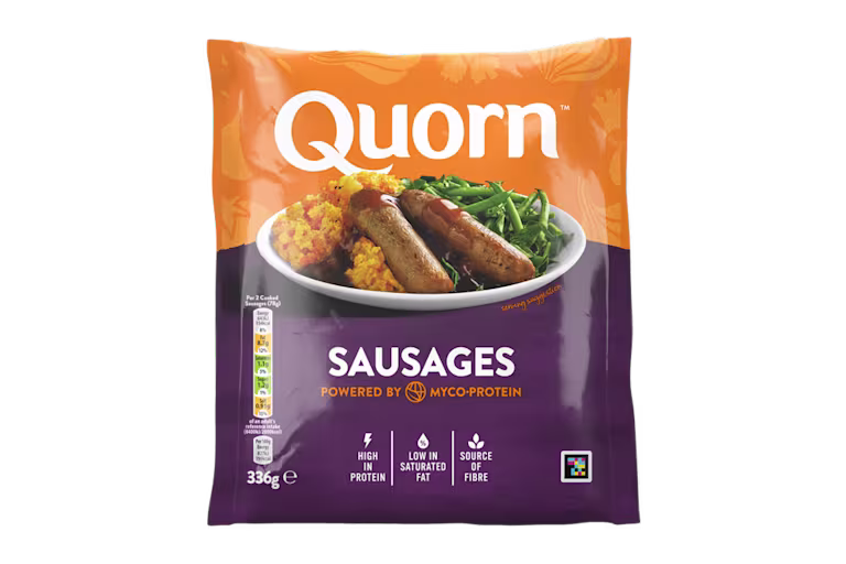 A bag of Quorn Sausages showing the prepared product and information on an orange and charcoal background.