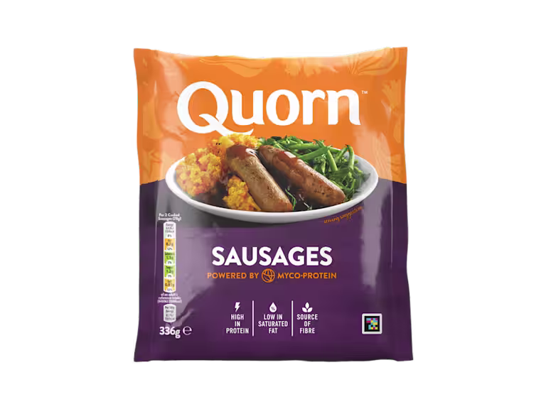 A bag of Quorn Sausages showing the prepared product and information on an orange and charcoal background.